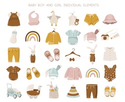 Vector nursery illustration of spring, summer baby girl and boy fashion clothes collection.  Hand-drown objects sketch with jumper, body suit, shoes, toys, rainbow, leaves.