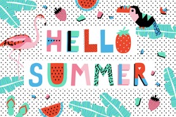 Hello Summer Poster with watermelon, toucan, flamingo and banana leaves. Vector illustration