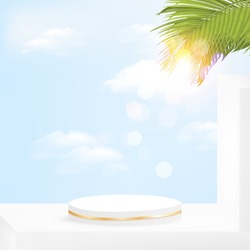 Minimal geometric podium with sky  background and palm leaves.