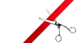 Scissors Grand opening. Top view of scissors cutting red silk ribbon against white isolated background with copy space. Silver stainless metal scissors or shears.