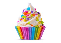 Birthday cupcake. Rainbow Cup Liners. Happy Birthday. LGBT pride. Tasty baking cupcakes, cake or muffin with white cream icing, frosting, bright colored sprinkles, candy. White isolated background.