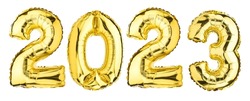 New Year 2023 celebration. Helium balloon. Golden Yellow foil color. Numbers Two 2, 3, Zero 0. Good for Party, greeting card, Advertising, Anniversary.  Isolated white background