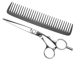 Scissors and comb. Professional barber scissors or shears, comb for man or woman haircut. Hairdresser salon equipment. Hair cutting carbon comb. Premium hairdressing accessories, hairbrush.