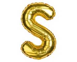 English Alphabet Letters. Letter S. Balloon. Yellow Gold foil helium balloon. Good for party, birthday, greeting card, events, advertising. High resolution photo. Isolated on white background.