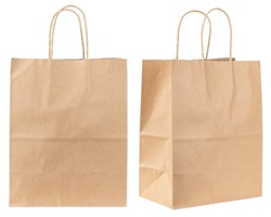 Paper bag. Kraft paper shopping bag. Brown folded paper bag with handle. Empty grocery paper bag. Recycled carton package for supermarket. High quality and resolution photo. Isolated white background.