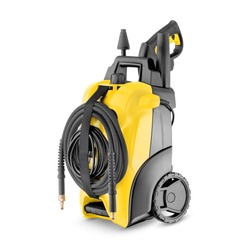 Yellow Black Electric High Pressure Washer Isolated on White. Power Washing Machine. Outdoor Power Equipment. House Cleaning Tool. Domestic Major Appliances. Home Appliance. Pressurized Water Jet