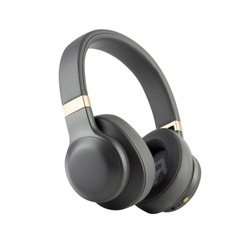 Wireless Headphones Isolated on White Background. Black Silver Over-the-Ear Headset With Noise Cancelling and Integrated Microphone. Side View of Acoustic Stereo Sound System