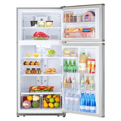 Open Refrigerator with Food Isolated on White. Front View of Stainless Steel Top Mount Fridge Freezer. Electric Kitchen and  Domestic Major Appliances. Two Door Top-Freezer Fridge Freezer