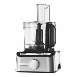 Compact Food Processor Isolated on White. Electric Kitchen Small & Domestic Appliance. Modern Liquidiser Front View. Stainless Steel Countertop Blender. Silver Multifunction Mixer Smoothie Maker