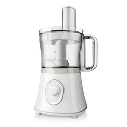 Food Processor Isolated on White Background. Electric Kitchen Small & Domestic Appliance. Modern Liquidiser Side Front View. White Countertop Blender. Silver Multifunction Mixer Smoothie Maker