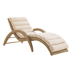 Wicker Chaise Lounge Isolated on White Background. Beach Long Chair with Arm Handles and Soft Cushions. Patio and Outdoor Furniture. Rattan Loungers. Pool Recliners. Garden Reclining Chairs