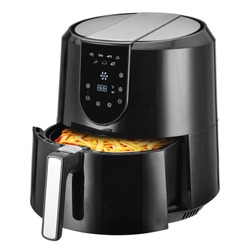 Open Air Fryer Isolated. Black  Electric Deep Fryer Side Front View. Silver Modern Domestic Household & Small Kitchen Appliances. 1800 Watts Convection Oven & 5.2 Liter Capacity Oilless Cooker