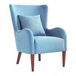 Upholstered Accent Chair Isolated on White. Modern Aqua Teal Blue Wingback Club Armchair with Pillow Upholstered Wing Armrests and Wooden Feet Side View. Interior Furniture. Turquoise Sofa Set