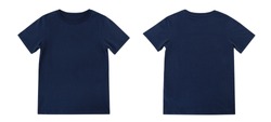 Blue T-shirts front and back on white background, Navy T-shirts