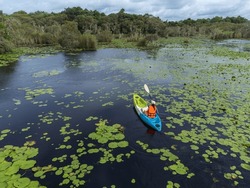 Aerial view of kayak tour at Rayong Botanical Garden, a wetland ecosystem that is open to the public, Thailand.
