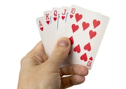 close up of man hands with royal flush of hearts isolated over white