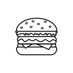 Burger icon with cheese, lettuce, sesame bun, isolated on white background. Hamburger, cheeseburger, fast street food concept. Vector illustration