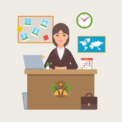 Travel agency vector illustration of a woman sitting at the table in the office