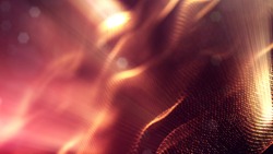 science fiction background of glowing particles with depth of field and bokeh. Particles form line and abstract surface grid. 3d rendering V84 red gold with light rays