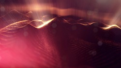 science fiction background of glowing particles with depth of field and bokeh. Particles form line and abstract surface grid. 3d rendering V77 red gold with light rays