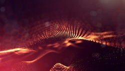 science fiction background of glowing particles with depth of field and bokeh. Particles form line and abstract surface grid. 3d rendering V12 red gold