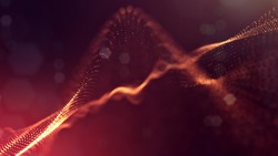 science fiction background of glowing particles with depth of field and bokeh. Particles form line and abstract surface grid. 3d rendering V18 red gold