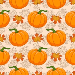 Cartoon orange Pumpkin and Autumn maple falling leaves vector seamless pattern. Hand drawn background for Fall season, Harvest, Thanksgiving Day prints, fabric, textile, greeting card, invitation