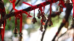 hanging brass bell in nice blur background in Indian temple
