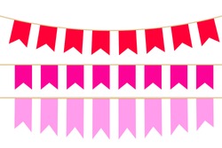 Set of pink flat holiday flags isolated on white background. Vector illustration with ribbons. Happy birthday banner.