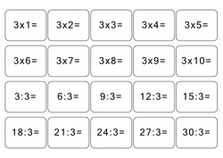 Multiplication and division table of 3. Maths card with an example, drawing. Multiplication Square, vector illustration. Printed products, banner, table for children, schoolchildren. School education.