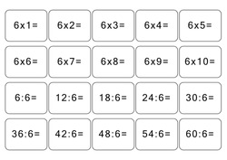 Multiplication and division table of 6. Maths card with an example, drawing. Multiplication Square, vector illustration. Printed products, banner, table for children, schoolchildren. School education.
