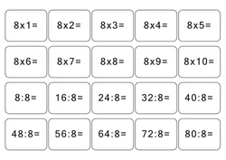 Multiplication and division table of 8. Maths card with an example, drawing. Multiplication Square, vector illustration. Printed products, banner, table for children, schoolchildren. School education.