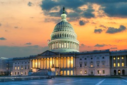 The United States Capitol Building at sunset in Washington DC, USA.