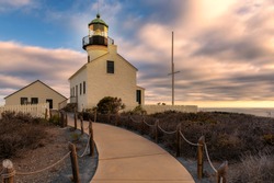 Old Point Loma Lighthouse at sunset in San Diego, California