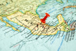 Location Mexico, map with red push pin pointing close up, North America