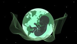 Earth with continents, fetus (child) in space. Greenpeace.  Earth rebirth after coronavirus.Vector illustration.  