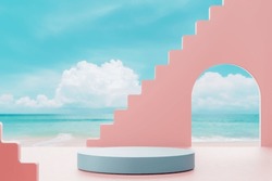 3D podium with copy space for product display presentation on beach with blue sky and white clouds abstract background. Tropical summer and vacation concept. Graphic rendering illustration design.