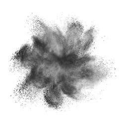 Creative chaotic powder burst or splash in dark gray color on a white background with copy space.