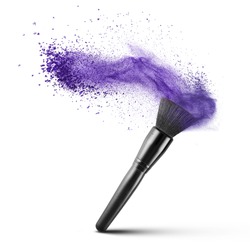 makeup brush with blue powder isolated on white