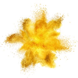 Yellow powder explosion isolated on white background