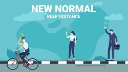 New normal concept and keep distance in public society. man riding a bicycle, businessman and woman keep a distance in a meeting. New normal after COVID-19 pandemic concept