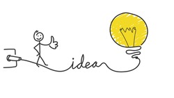 stickman thumbs up and big yellow bulb. writing ideas from the lamp cord. big idea concept. vector line hand drawn illustration