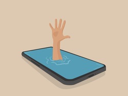 hand get drowned in smartphone. Smartphone addiction concept.