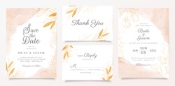 Watercolor creamy wedding invitation card template set with golden floral decoration. Abstract glitter background save the date, invitation, greeting card, multi-purpose vector