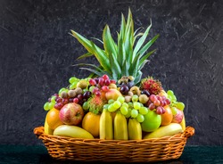 fruit basket. Fresh froots isolated on white black background. fresh fruits group. 