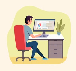 Young  man working at his office. Vector flat style illustration