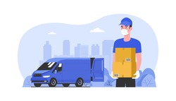 Delivery courier in a medical mask hands over boxes unloaded from cargo van. Vector illustration.