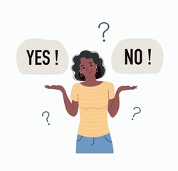 Young woman chooses between yes and no. Question mark in think bubble. Flat style cartoon vector illustration. 