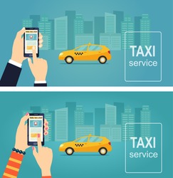 Taxi service. Uber. Smartphone and touchscreen, city skyscrapers. Banner. Vector flat illustration.