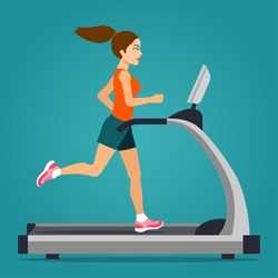 Girl running on treadmill isolated. Vector flat style  illustration.
